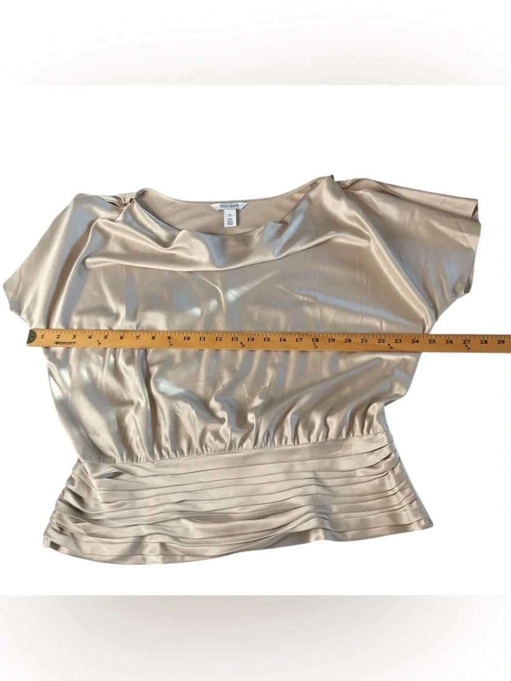 White House Black Market Satin Drape-Neck Blouse in Champagne XL - Picture 4 of 9